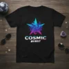 Black t-shirt featuring the "COSMIC BURST" text below a vibrant, abstract star graphic with blue and pink hues