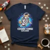 Cosmic Corgi Explorer t-shirt featuring a corgi in a spacesuit floating in a colorful nebula, with text "Cosmic Corgi Explorer"