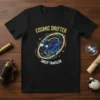 Cosmic Drifter Sheep Traveler text with a galaxy sheep graphic on a black t-shirt design