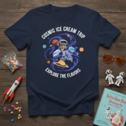 Cosmic Ice Cream Trip Explore the Flavors t-shirt with a cat astronaut eating ice cream in space