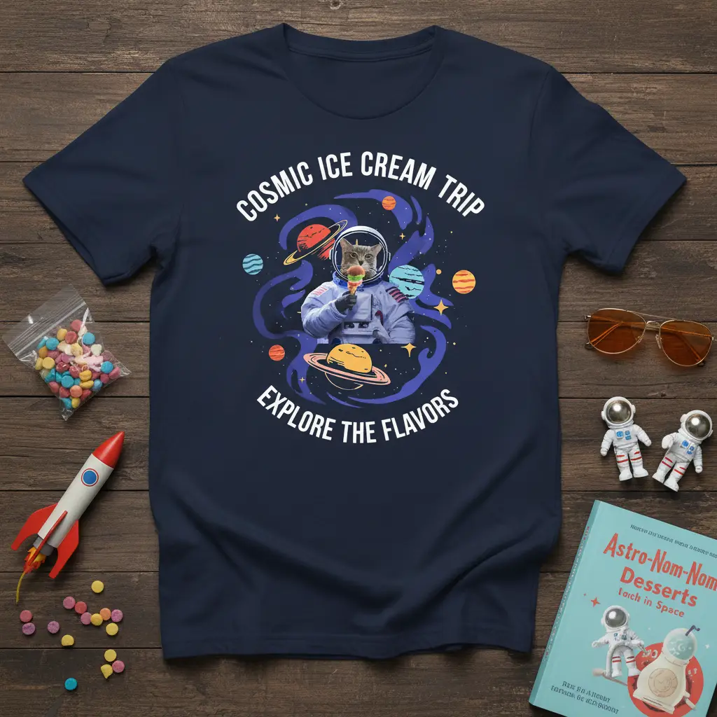 Cosmic Ice Cream Trip T-Shirt Explore the Flavors Space Cat