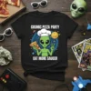 Black t-shirt with "Cosmic Pizza Party Eat More Saucer" text and a green alien chef holding pizza
