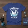 Cosmic Seals T-Shirt design featuring a cute seal floating in space with stars and planets, text "COSMIC SEALS" above