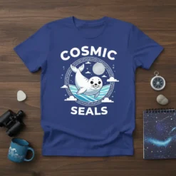 Cosmic Seals T-Shirt design featuring a cute seal floating in space with stars and planets, text "COSMIC SEALS" above