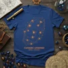 Blue t-shirt with "Cosmic Unwind Spiral Journey" text and an orange abstract spiral galaxy design
