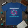 Blue t-shirt with "COSMIC VISIONARIES EXPLORE BEYOND LIMITS" text and a swirling pink and teal cosmic graphic with an atom