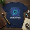 Cosmic Voyager Interdimensional Quest t-shirt design with a swirling vortex and spaceship graphic