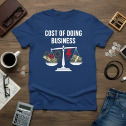 Cost of Doing Business t-shirt design featuring a balance scale with money, gears, and a lightning bolt