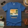 Côte d'Azur France t-shirt design with a sailboat and coastal town graphic, featuring text "CÔTE D'AZUR FRANCE"