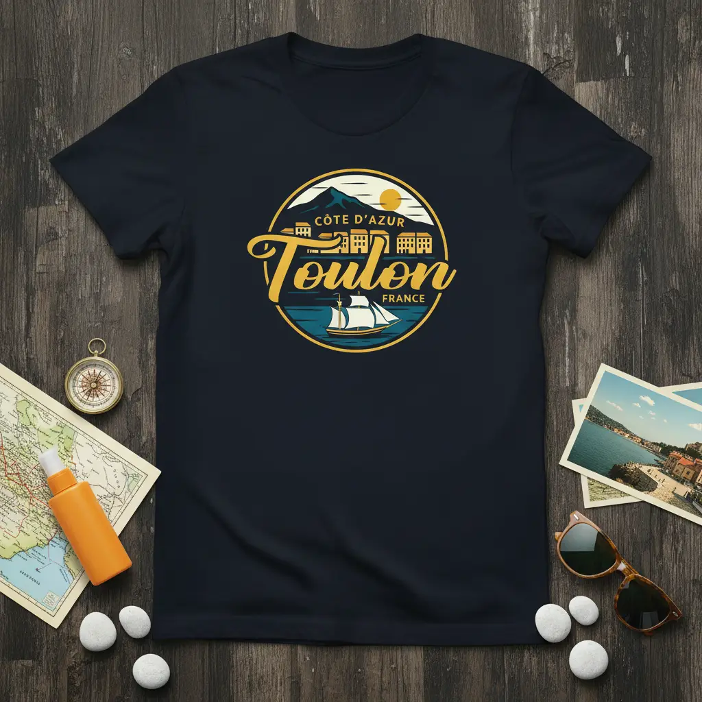 Cote d'Azur Toulon France graphic t-shirt featuring a sailboat and coastal buildings