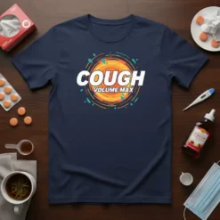 Navy blue t-shirt with "COUGH VOLUME MAX" in white and orange text, surrounded by a circular graphic design