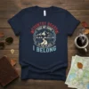 Country Roads Take Me Home To The Place I Belong quote on a navy t-shirt with mountain and road graphic