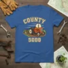 COUNTY 5000 text above vintage orange tractor plowing a field, on a blue t-shirt