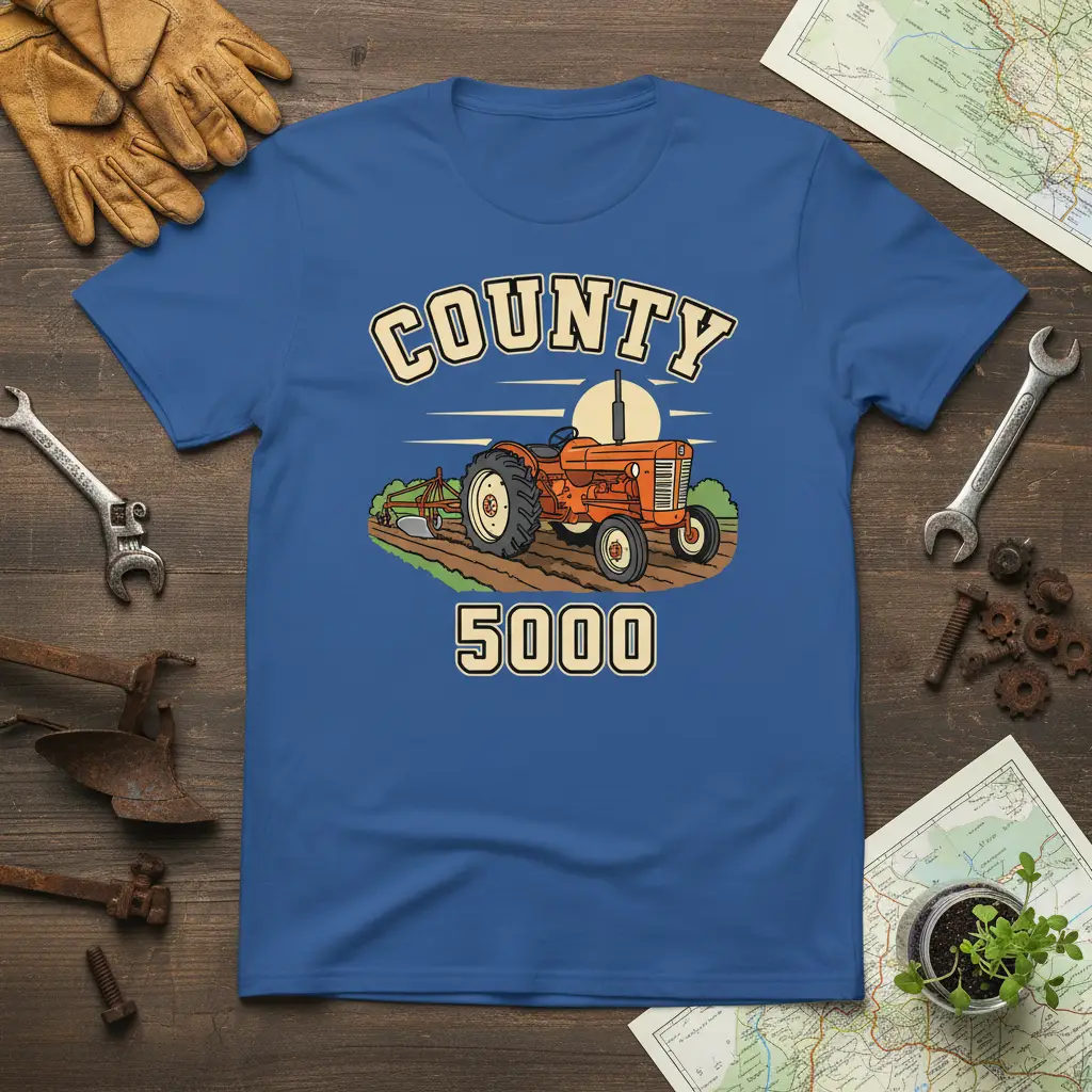 COUNTY 5000 text and vintage orange tractor plowing a field design on a blue t-shirt