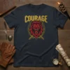 Courage text above a roaring red lion head with crossed swords, on a dark t-shirt