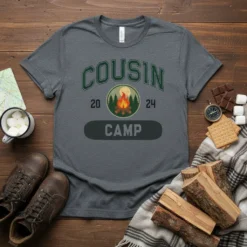 Cousin Camp 2024 T-Shirt featuring green varsity text "COUSIN" above a circular graphic of a campfire, trees, and moon, with