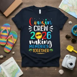 Cousin Crew 2026 Making Memories Together text design with sun and palm trees on a navy t-shirt
