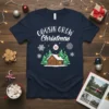 Cousin Crew Christmas 2021 t-shirt featuring a log cabin, pine trees, snowflakes, and festive typography