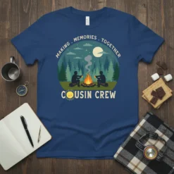 Graphic tee with "Cousin Crew Making Memories Together" text around a campfire scene with two people