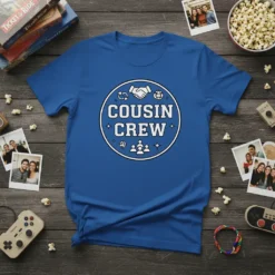 Blue t-shirt with "Cousin Crew" text in a circle graphic featuring icons of handshake, people, and gems