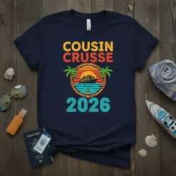 Cousin Crusise 2026 t-shirt featuring a sunset cruise ship graphic with palm trees and an anchor