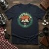 Cousincon (25) text with camping scene graphic on a navy t-shirt, featuring tents and a campfire, perfect for family reunions