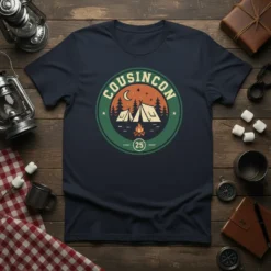 Cousincon (25) text with camping scene graphic on a navy t-shirt, featuring tents and a campfire, perfect for family reunions