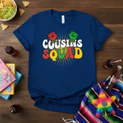 Cousins Squad text with red and green fist graphics on a navy blue t-shirt