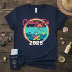 Cousins Trip 2025 t-shirt with a vibrant Hawaiian sunset, palm trees, surfboards, and islands graphic