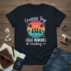 Cousins Trip Great Memories Loading text with silhouetted cousins jumping on a beach sunset graphic