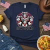 Cow Squad patriotic t-shirt design featuring four cows wearing American flag sunglasses and bandanas, with text "COW SQUAD" below