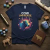 Cow Universe t-shirt with a colorful cow surrounded by planets and stars in a cosmic spiral design