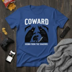 Coward Hiding From The Shadows t-shirt design featuring bold white text and a graphic of a person hiding from shadowy