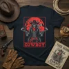 Cowboy Skeleton Gunslinger T-Shirt with red moon and mountains, holding two revolvers, text 'COWBOY'