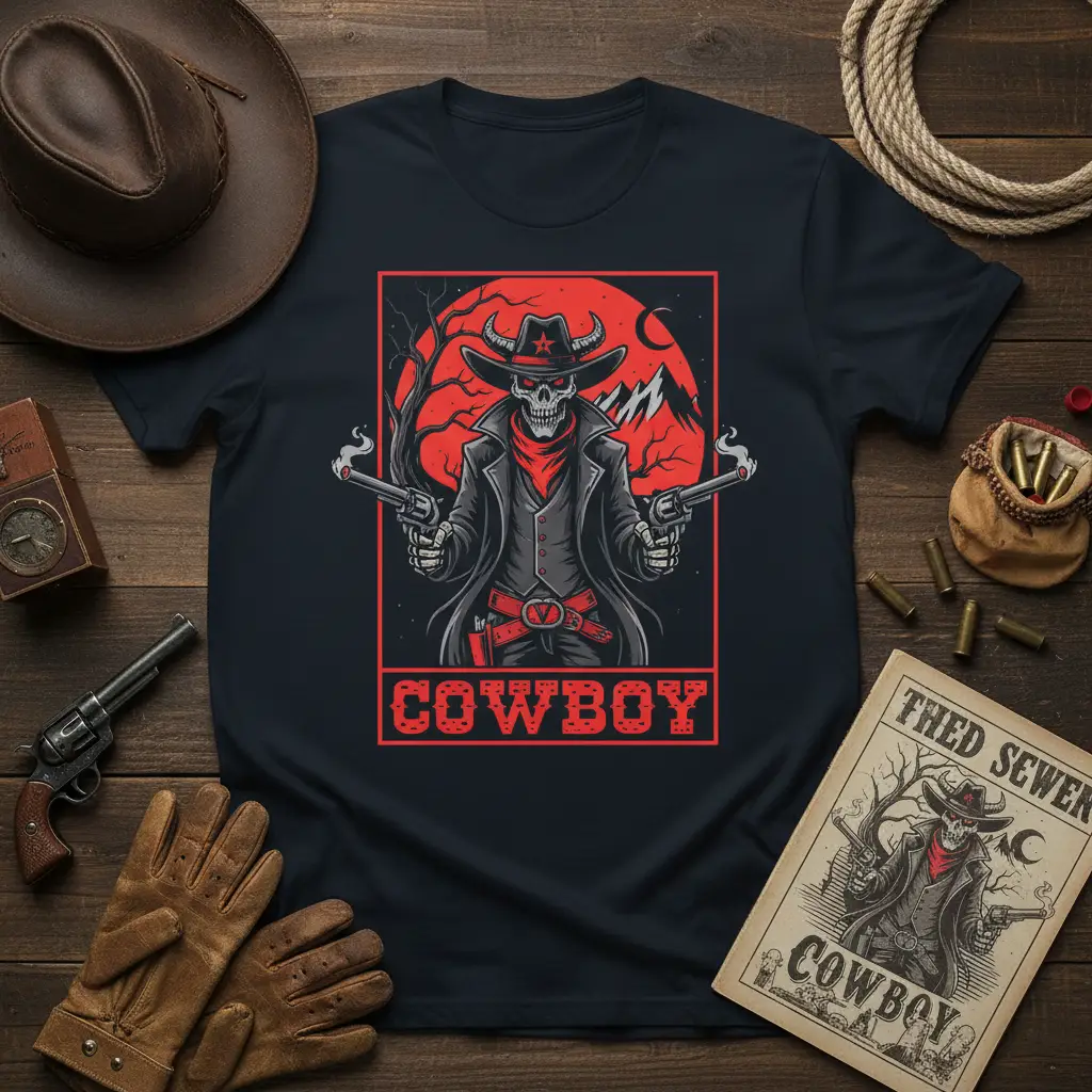 Cowboy Skeleton Gunslinger unique artwork printed on durable material creating a standout t-shirt