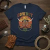 Navy blue t-shirt featuring the word "Cowboy" above a graphic of cowboy boots, bull horns, and a lasso