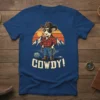 Cowdy! funny cowboy cow t-shirt with a sun and mountains graphic, featuring a cow wearing a hat and sunglasses