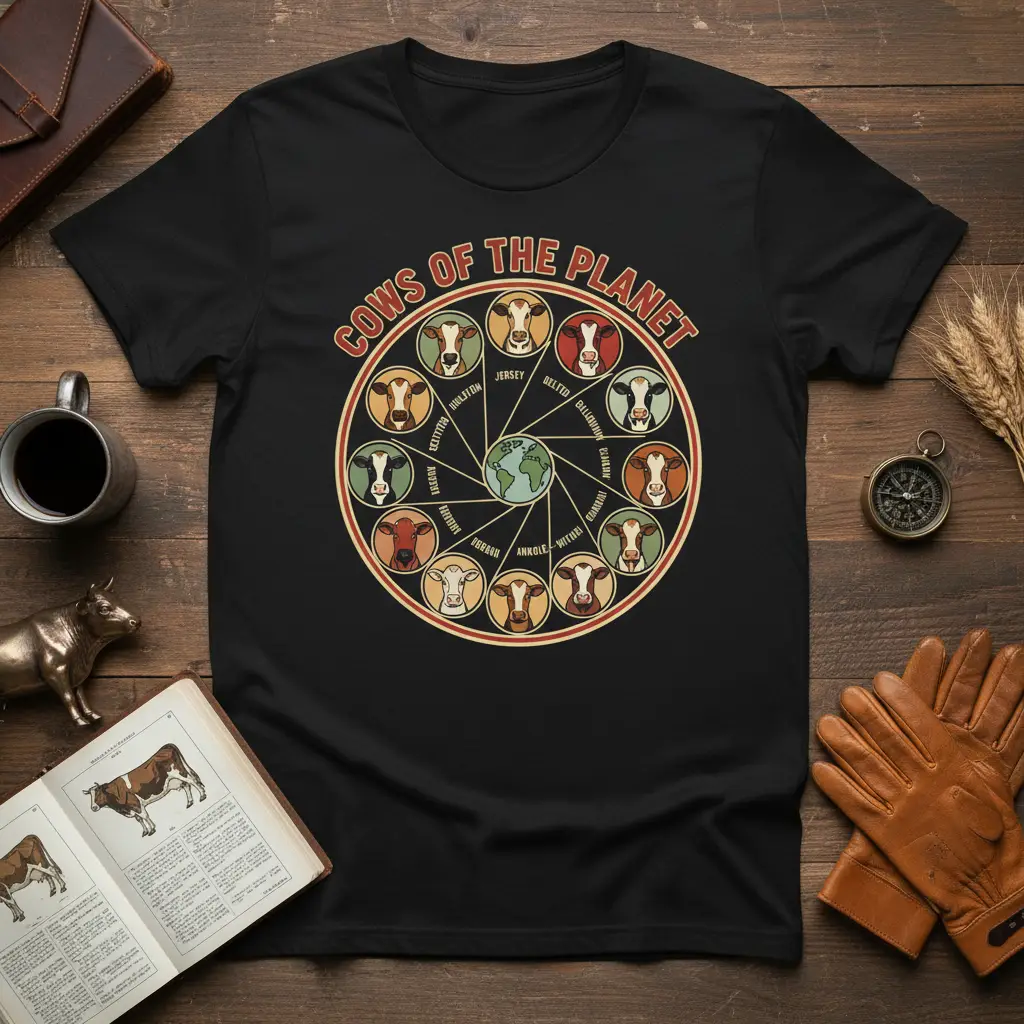 Cows of the Planet t-shirt graphic displaying various global cow breeds in a radial design around an Earth icon