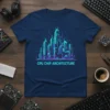 CPU Chip Architecture text with futuristic cityscape graphic on a navy blue t-shirt