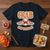 T-shirt design with bold orange text "CRAB RAB RANGOON" and a chef crab character serving appetizers