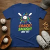 CRACK! SMASH! HIT IT! baseball t-shirt with crossed bats and colorful swirl design around a baseball