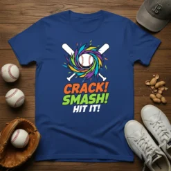 CRACK! SMASH! HIT IT! baseball t-shirt with crossed bats and colorful swirl design around a baseball