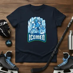 Cradle Rock Hockey Icemen t-shirt featuring a cartoon goalie in front of ice blocks and the team logo