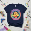 Crafty Chick t-shirt design featuring a yellow chick holding paintbrushes with a rainbow background