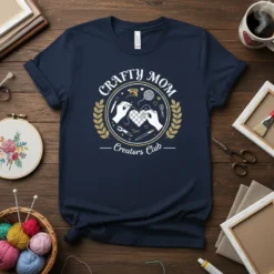 Crafty Mom Creators Club design with hands sewing a heart, knitting needles, scissors, and yarn on a navy blue t-shirt