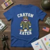 Crayon Eater t-shirt design showing a bulldog in military uniform holding a crayon, with the text Crayon Eater