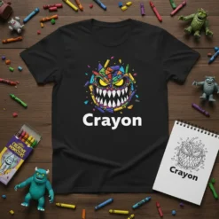Black t-shirt featuring a colorful Crayon Monster Face design with the word "Crayon" below
