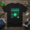 Black t-shirt with "crazy about SCIENCE" text and atom graphic with lab flasks