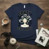 Crazy Cat Lady t-shirt design featuring a woman with cats in her hair and paw prints