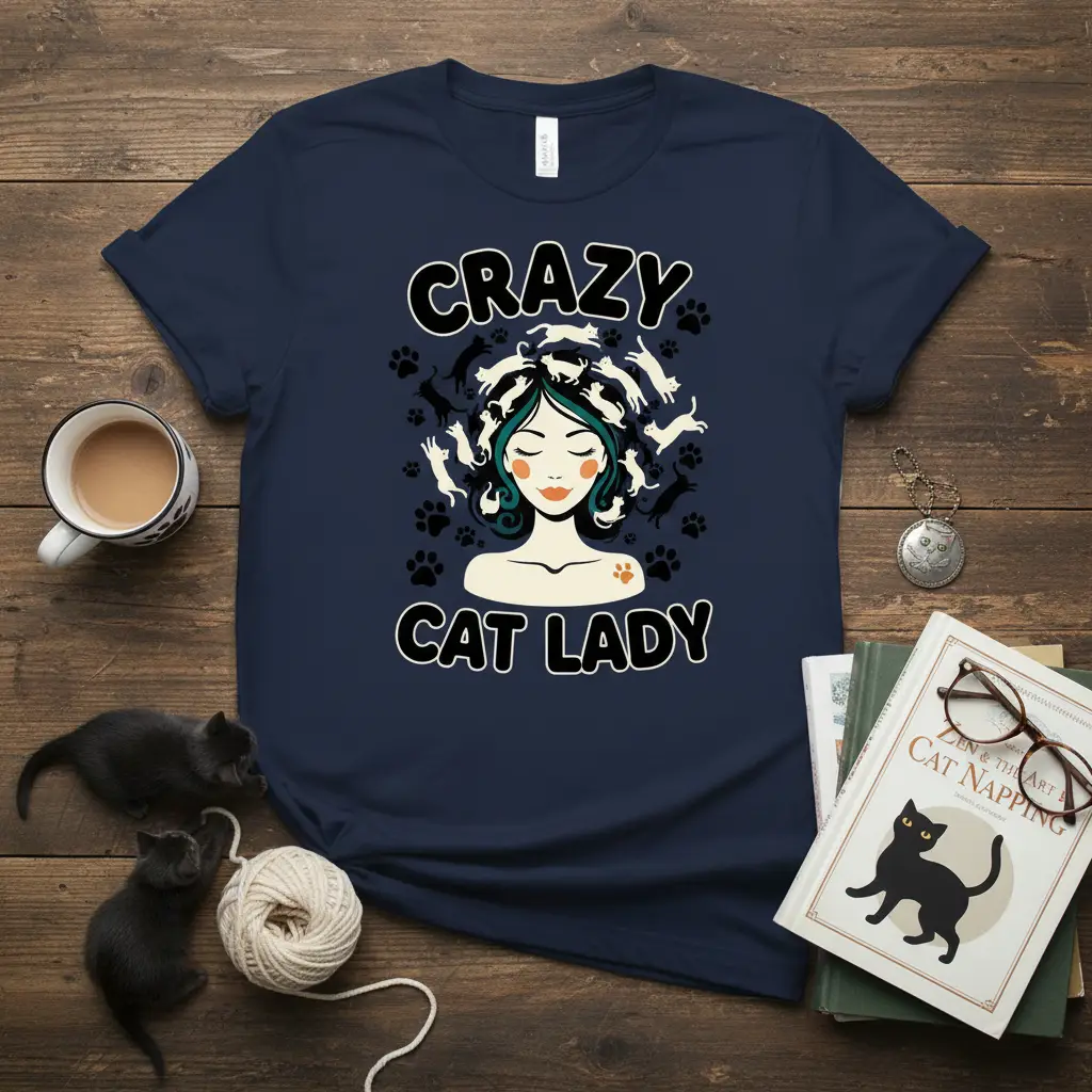 Crazy Cat Lady graphic tee with playful cats and paw prints design